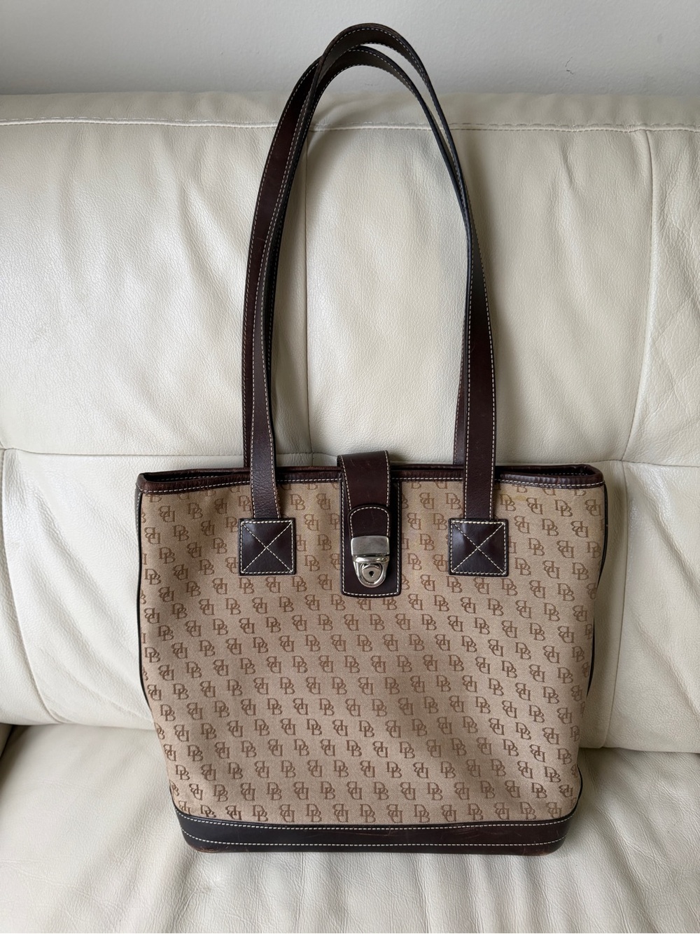 Vtg Dooney & Bourke H909C Monogram Tote Bag Brown Leather W/paper